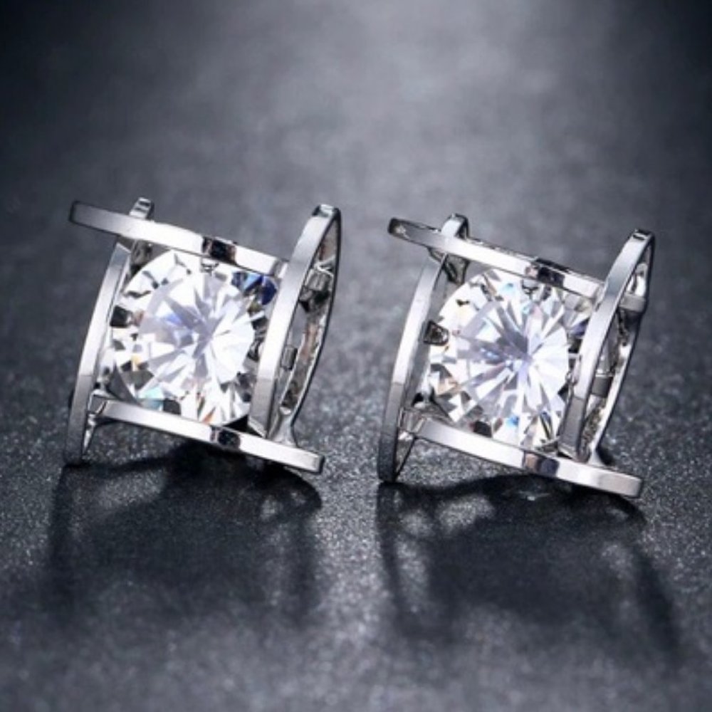 NEW Silver Solitaire Caged Diamond Stud Earrings